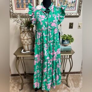 NWT Umgee Green and Pink Floral Midi Dress